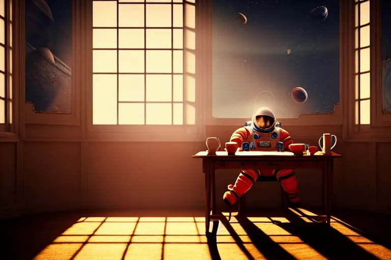 Image similar to a single cosmonaut in a spacesuit drinks a steaming cup of tea at an old wooden desk in a richly decorated Victorian house. the autumn light comes in through a window and dimly illuminates the room, diffuse light, octane render,