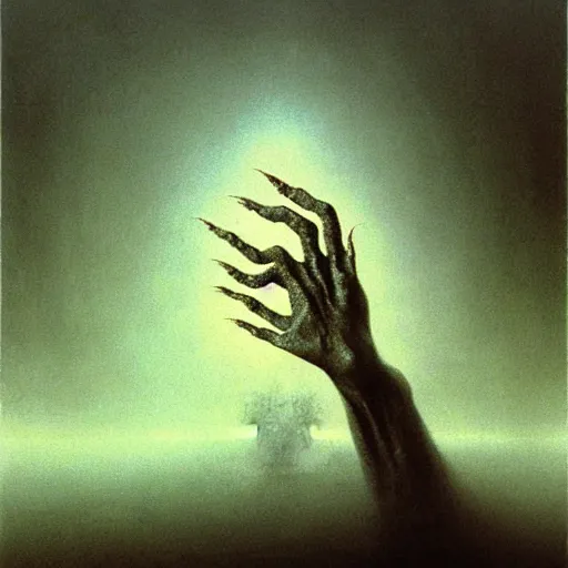 Image similar to hand and arm reaching out of thick fog, zdzislaw beksinski