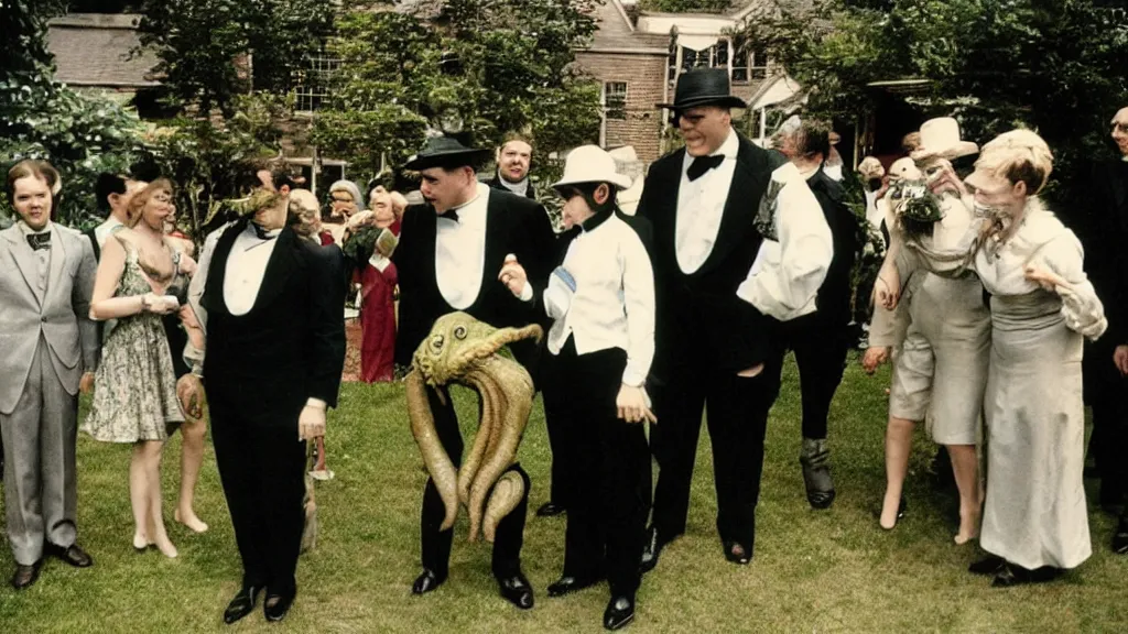 Prompt: a vintage color kodak photograph of cthulhu in a tuxedo socializing with some people at a fundraising in a private garden