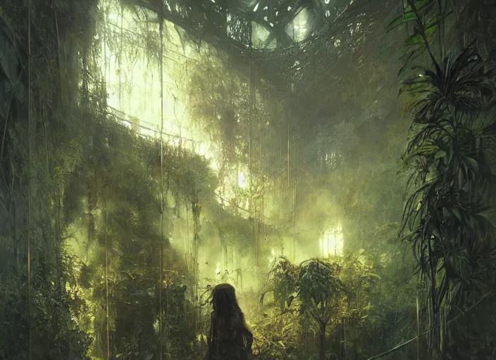 Image similar to interior shot of a lush jungle with two steam punk explorers navigating the harsh terrain, masterpiece, painterly, art by artem demura, emotion, fantasy art,