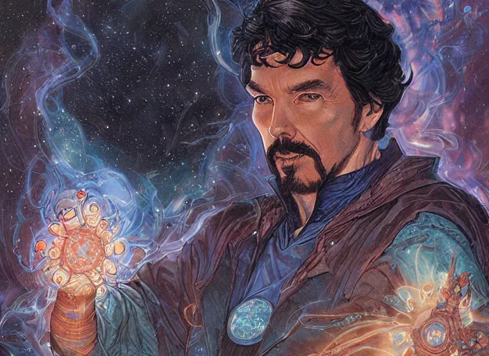 Prompt: a highly detailed cosmic portrait of stephen strange, james gurney, james jean