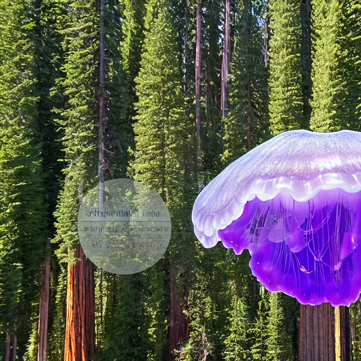 Prompt: giant jelly fish floating in air swarm among the giant sequoia trees at 2875 adanac.st vanvcouver,british columbia,canada
