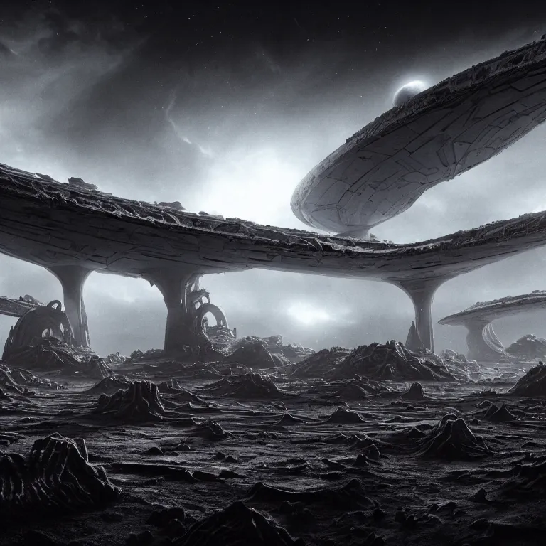 Image similar to landscape abandoned alien structure on exoplanet, black mos eisley designed by giger, wrecked skeletal technology, dark clouds, surreal abandoned buildings, dream-like heavy atmosphere, baroque painting, beautiful detailed intricate insanely detailed octane render trending on Artstation, 8K artistic photography, photorealistic, dramatic volumetric cinematic light, chiaroscuro, award-winning photograph, masterpiece, Raphael, Caravaggio, Beksinski, Giger