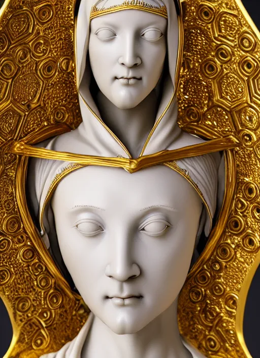 Image similar to a medieval female nun, elegant, filigree renaissance sculpture from gold and marble, brilliant symmetry, created by verrocchio andrea, leonardo da vinci, sandro botticelli, raffaelle monti, epic 7 0 mm lens shot, artstation trending, photorealism, sharp focus, smooth, establishing shot, sense of awe