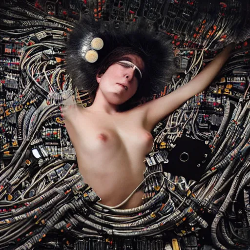 Image similar to tapping in to something greater, piles of modular synth cables, goddess laying down wearing a headpiece made of circuit boards, by cameron gray, wlop, stanley kubrick, masamune, hideki anno, unique perspective, trending on artstation, 3 d render, vivid