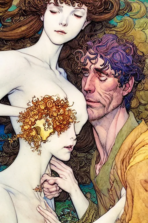 Image similar to a hyperrealist watercolour character concept art portrait of young lovers forgiveness. love. union. by rebecca guay, michael kaluta, charles vess and jean moebius giraud