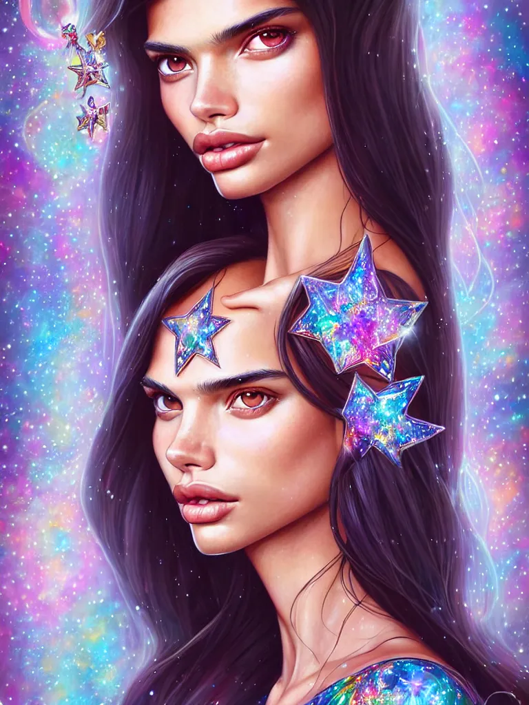 Image similar to fantastic portrait of sara sampaio with some shinny star, cloak, royally decorated crystal gemstones, symmetrical face, 3 d render, portrait, cute, fairy, by artgerm, kelly mckernan, detailed background, artstation, intricate, elegant, highly detailed, colorful, maximalist