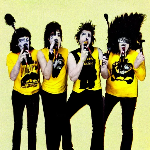 Prompt: 8 0 s punk rock band holding banana microphone, with banana costumed background singers, concert photo, getty images, pencil drawing