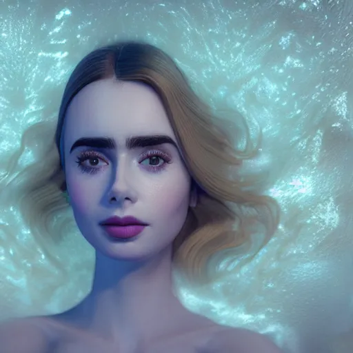 Image similar to a beautiful blonde queen girl lily collins, floating under the deep dream water, beautiful smooth soft light + white petal, oil paint, cinematic lighting, octane render, unreal engine 5, closeup, 4 k, highly detailed, instagram,