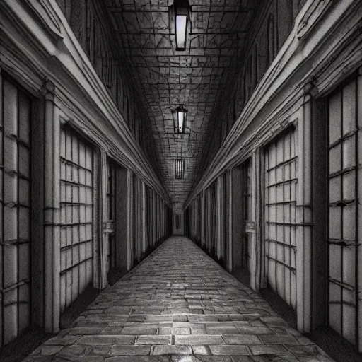 Image similar to a terrifying dark hallway with many doors and many stairs, impending doom, horror, Mc Escher architecture, epic composition, anime key visual