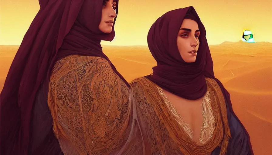 Image similar to Portrait of very beautiful Arab woman wearing a Chador, under giant full moon in the desert, intricate, glowing magical eyes, energy trails, elegant, highly detailed, digital painting, artstation, concept art, smooth, sharp focus, illustration, art by artgerm and greg rutkowski and alphonse mucha