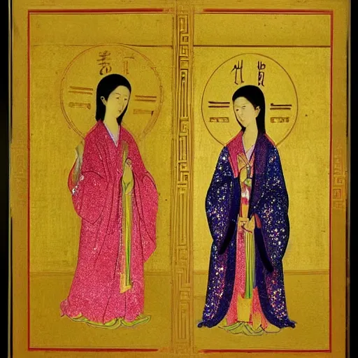 Prompt: portrait of 2 asian looking girls in iconography style andrei rublev glitter chinese ornament background