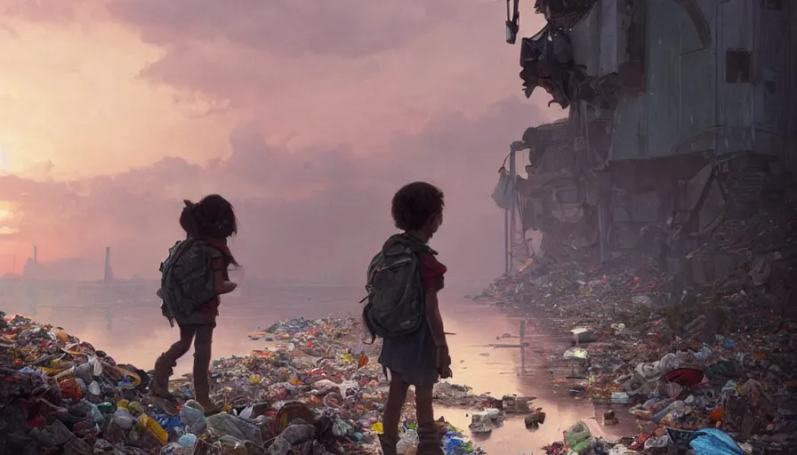 Image similar to poor detailed child with backpack looking for food at garbage dump, city is pure wasteland, moody sunset in background, greg rutkowski, alphonse mucha, trending on artstation, artgerm, unreal engine, breathtaking, award winning, highly detailed