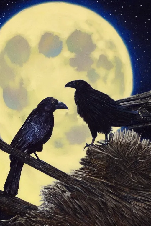 Prompt: close up portrait of a crow in front of the full big moon, oil on canvas, intricate, portrait, 8k highly professionally detailed, HDR, CGsociety