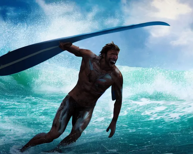 Prompt: single spartan paddling surf - ski through waves, epic award winning action cinematic still from the movie 3 0 0, 8 k, global illumination, detailed face, muscles, rim highlights, hyper realistic, stunning waves, happy vibes