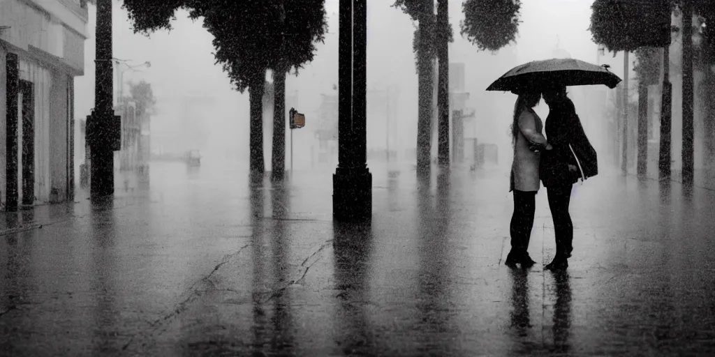 Prompt: lovers in the rain, moody light, empty street, full body