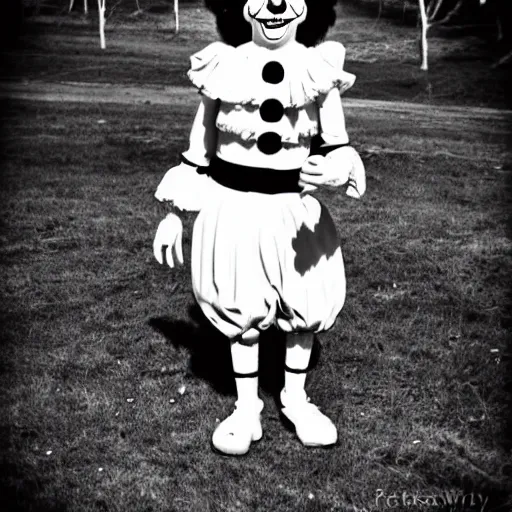 Image similar to Creepy full body shot of Pennywise the clown, old photo, grayscale