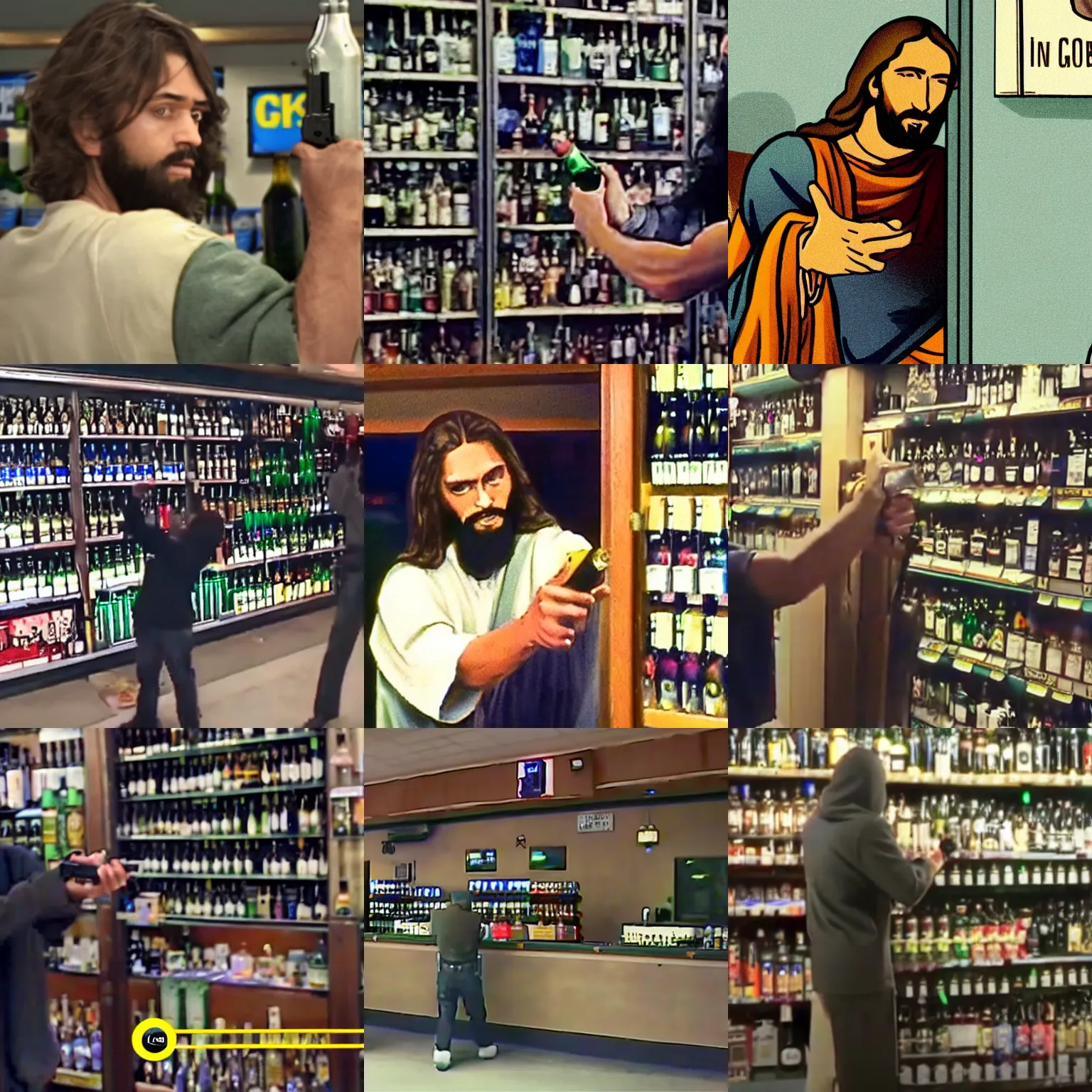 Prompt: cctv footage of jesus robbing a liquor store, holding a glock, caught in 4 k