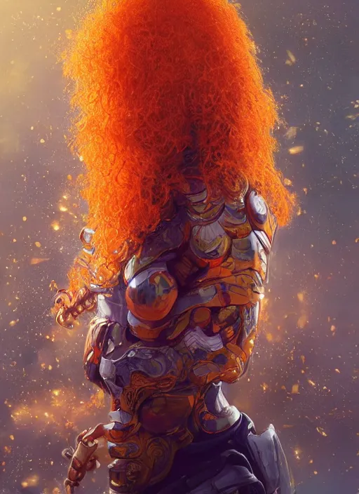 Image similar to masterpiece artwork of a curly orange hair man with cosmic armor, au naturel, hyper detailed, digital art, trending in artstation, cinematic lighting, studio quality, smooth render, unreal engine 5 rendered, octane rendered, art style by klimt and nixeu and ian sprigger and wlop and krenz cushart