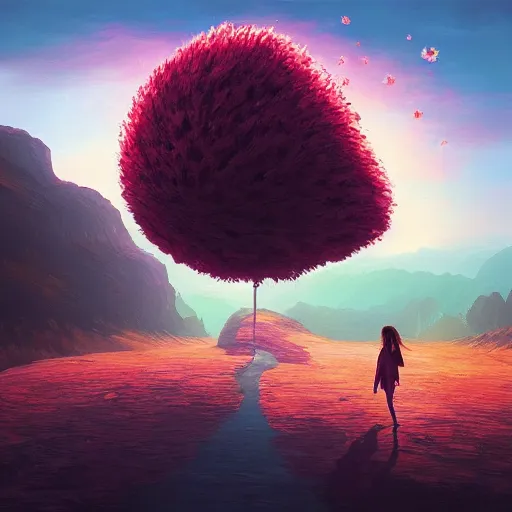 Image similar to giant cherry flower as a head, girl walking in a canyon, surreal photography, sunrise, dramatic light, impressionist painting, colorful clouds, digital painting, artstation, simon stalenhag