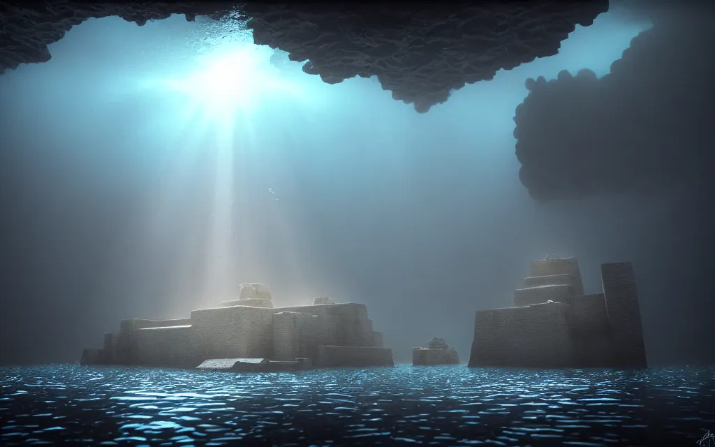 Image similar to wide shot, submerged pre - incan temple, dark, grenada underwater sculpture park, bubbles, abyss, stylized, anime style mixed with fujifilm, detailed gouache paintings, crepuscular rays, dark, murky, foggy, atmospheric, artstation, cgsociety, octane render, cgi, unreal engine 5, denoise, cinematic masterpiece