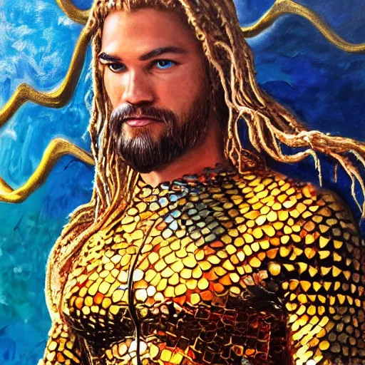 Prompt: intricate five star portrait of aquaman dressed up at the burning man festival, oil on canvas, hdr, high detail, photo realistic, hyperrealism, matte finish, high contrast, 3 d depth, centered, masterpiece, tasteful colors, enhanced light effect, enhanced eye detail, artstationhd