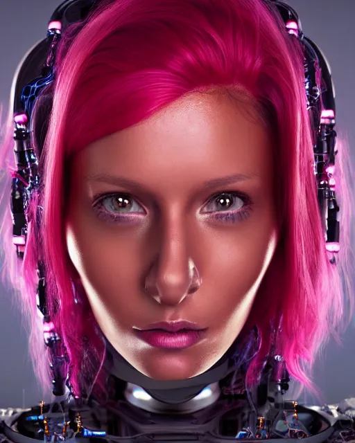 Image similar to portrait of a beautiful tanned woman with pink hair as a cyberpunk cyborg half robot, revealing wires and electronics, hooked - up, sci - fi, missing panels, intricate abstract upper body intricate artwork, concept art, octane render, deviantart, cinematic, key art, hyperrealism, iridescent accents, portrait photograph, nikon 3 5 mm, photograph by greg rutkowski