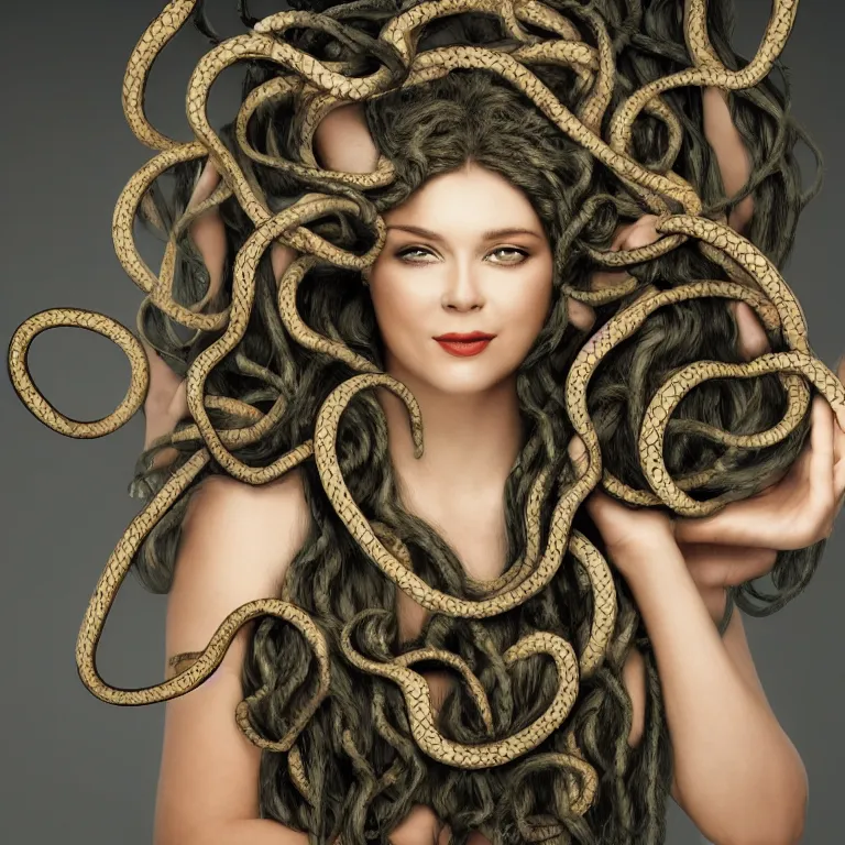 Image similar to Glamour Shots portrait photo of Medusa with snakes for hair in real life