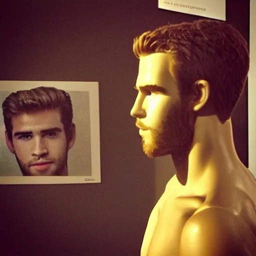 Image similar to “a realistic detailed photo of a guy who is an attractive humanoid who is half robot and half humanoid, who is a male android, actor Liam Hemsworth, shiny skin, posing like a statue, blank stare, at the museum, on display”