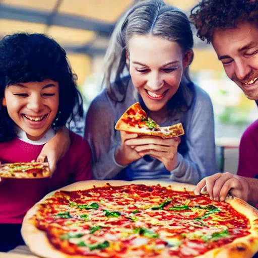 Image similar to people enjoying a pizza in the year 2450, 8k ultra hd, hyper detailed