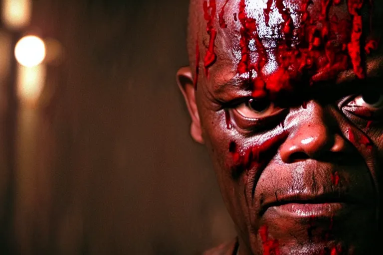 Prompt: samuel l. jackson as a zombie, blood, decay, cinematic lighting, portrait, medium shot, horror movie still