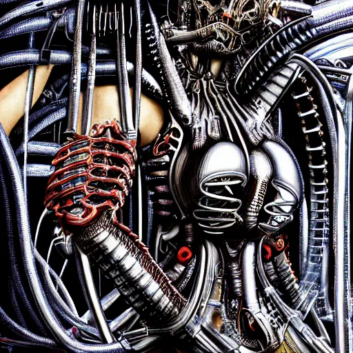 Image similar to britney spears encased in biomechanical machine, heavy conduits, complex scene, rich composition, heavy in detail, corruption, smooth, sharp focus, airbrush, illustration, art by h. r. giger