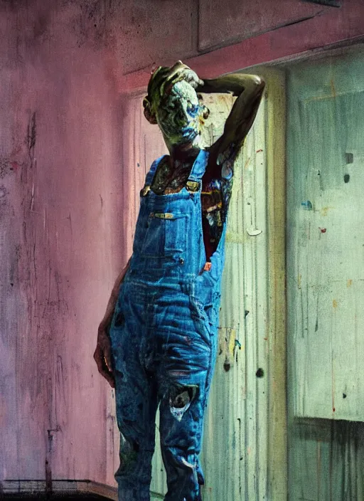 Image similar to an insane, skinny, artist wearing dirty, torn overalls, expressive painting, inside a grand messy studio, depth of field, hauntingly surreal, highly detailed oil painting, by francis bacon, edward hopper, adrian ghenie, glenn brown, soft light 4 k in pink, green and blue colour palette, cinematic composition, high quality octane render, masterpiece