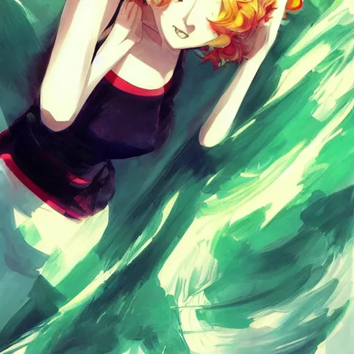 Image similar to painting of tatsumaki from one punch man, cool color palette, refreshing, soft lighting, by cushart krenz, by makoto shinkai