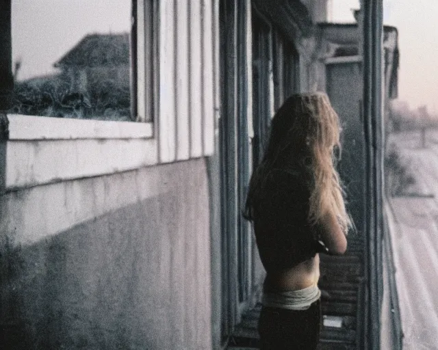 Image similar to lomo photo of pair standing on small hrushevka balcony full with cigarette smoke in small russian town looking at sunset, cinestill, bokeh