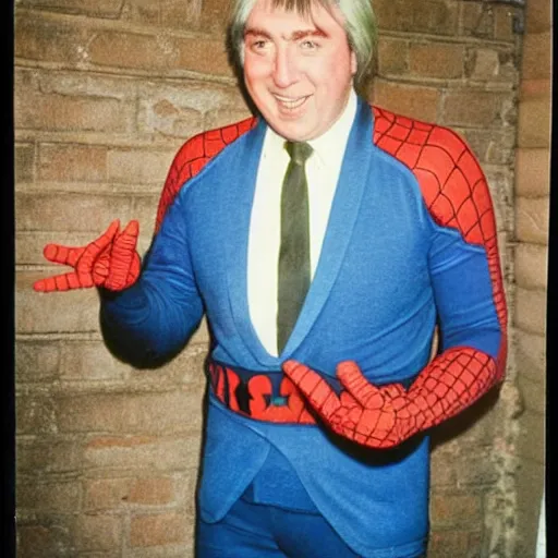 Image similar to 1970s colour polaroid of jimmy tarbuck as spider man without a mask on a british council estate