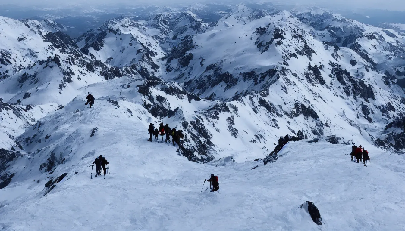 Prompt: mountaineers hiking, view from above, kilian eng, silhouettes