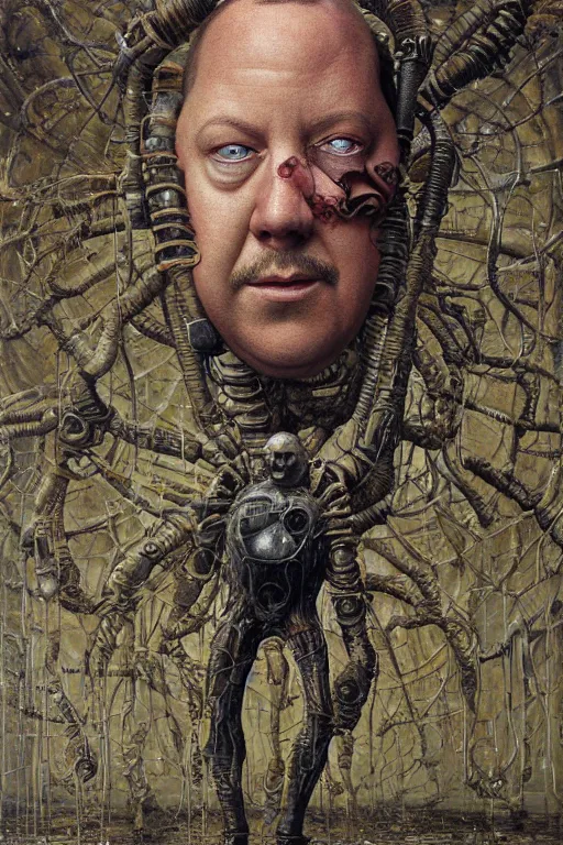 Image similar to paul blart full body portrait, highly detailed, body horror, biopunk, creative design, oil on canvas, by zdzisław beksinski, marco mazzoni, peter gric