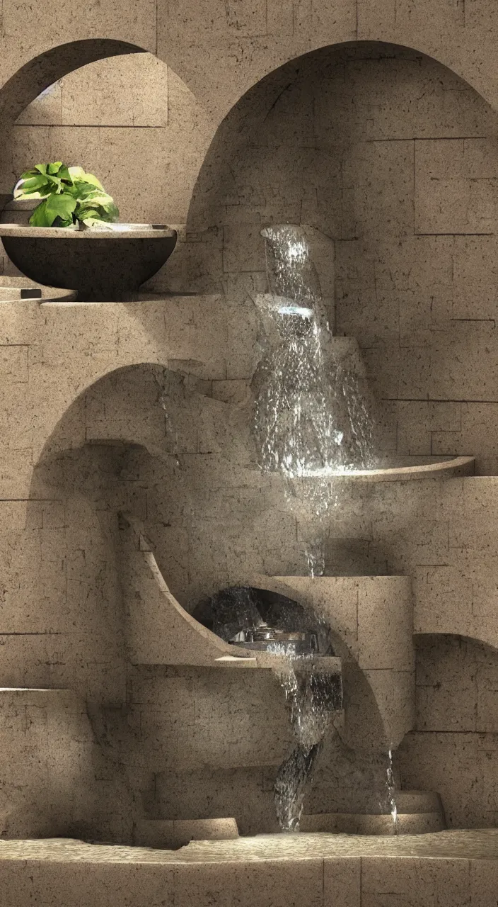 Image similar to a stream of water entering into a machine made from amphoras and producing a large coin, in the style of a fountain, fururiatic, 3 d render, isometric, engineering, dynamic lighting, clay texture, 8 k