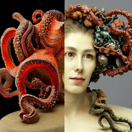 Prompt: a sculpture portrait made of seaweed and coral and shells and octopus, painting part by wojciech siudmak, part by ilya repin, part by max ernst, part by norman rockwell, artstation