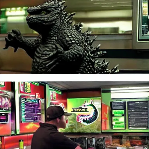 Image similar to Godzilla working at a Subway restaurant, realistic, ultra high detail.