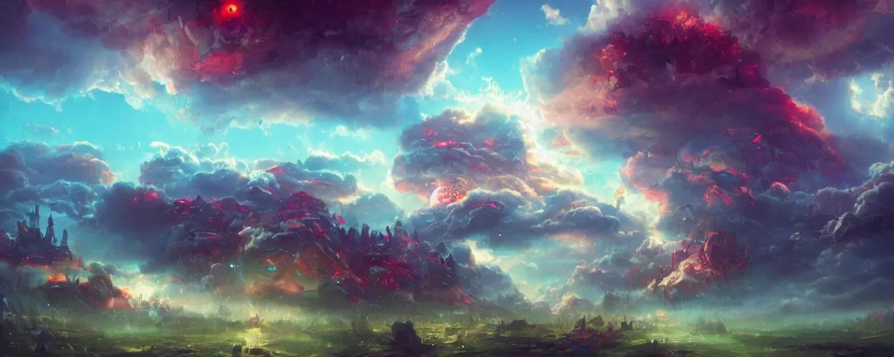 Prompt: ” epic clouds, [ cinematic, detailed, epic, widescreen, opening, establishing, mattepainting, photorealistic, realistic textures, octane render, art by paul lehr ] ”