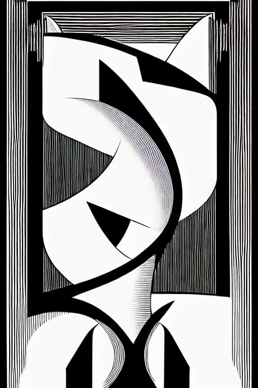 Prompt: art deco, variation, line art by james o barr and albrecht durer, minimalist, surreal woodblock print, black and white, vector, vector art