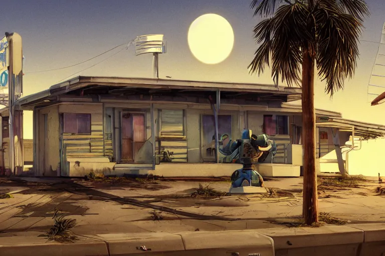 Prompt: broken robot | abandoned motel | palm trees | snowy mountains | moon in sky, painting by syd mead and weta studio and moebius and james jean and frank frazetta, gta san - andreas game screenshot, highly detailed, rule of third, soft lighting, architectural magazine, insanely intricate details, artstation trending, hypermaximalistic, high details, cinematic