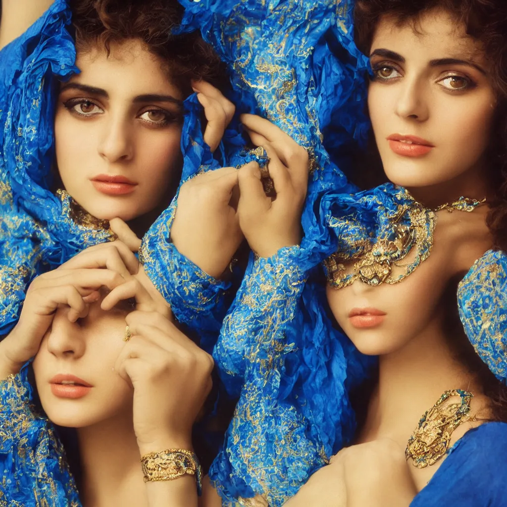 Prompt: an award winning cooke 8 5 mm f / 1. 2 lens close - up portrait photograph of a beautiful glamorous young lebanese woman with blue shawl shot by richard avedon styled by alphonse mucha, lomography color 4 0 0 film stock, low - key studio lighting,