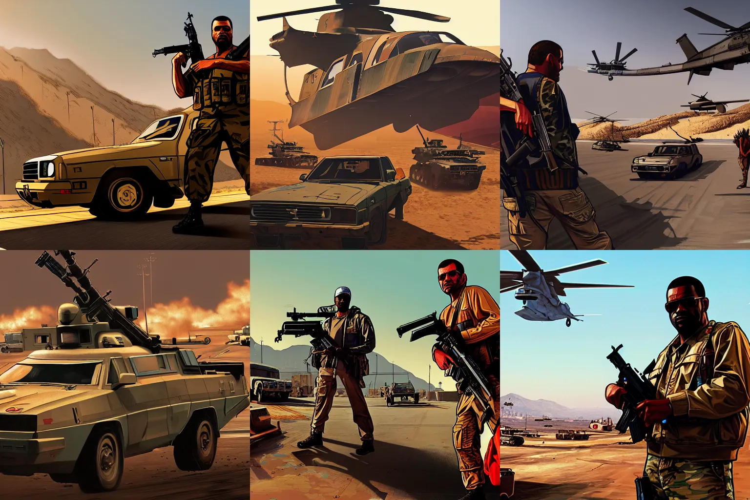 Prompt: Gulf War in Grand Theft Auto 5 covert art, epic, 4k resolution, extremely detailed, very sharp, artstation, digital art, vibrant,