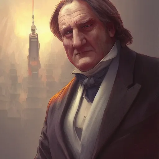 Image similar to [robot Depardieu as president of France! as GTA character, mystic hermit, closeup, D&D, intricate, elegant, highly detailed, digital painting, artstation, concept art, matte, sharp focus, illustration, art by Artgerm and Greg Rutkowski and Alphonse Mucha]