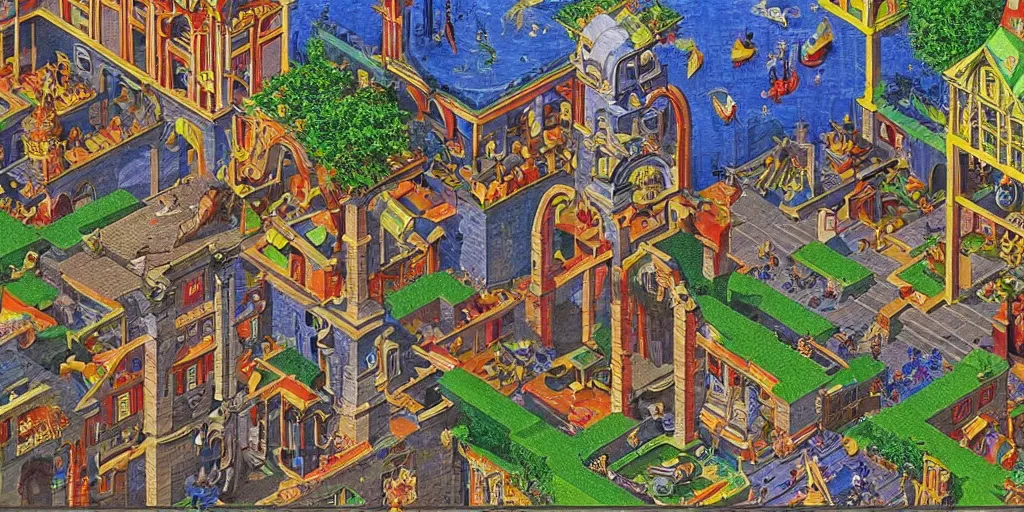 Image similar to the last virtual art museum in a 9 0's video game, made in 1 9 9 0, in the style of mc escher and heironymus bosch, colorful intricate masterpiece, hyper detailed