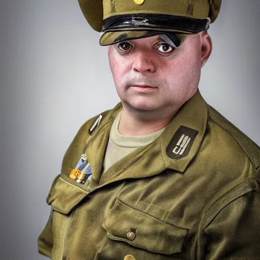 Prompt: portrait of a pug as a military man, dark background, studio light, hdr, nikon 2 4 mm f / 1. 8 g, by fernando botero