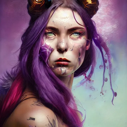 Prompt: art portrait of a furious girl with purple tentacles on her head, 8 k, by tristan eaton, stanley artgermm, tom bagshaw, greg rutkowski, carne griffiths, trending on deviantart, face enhance, hyper detailed, full of colour,